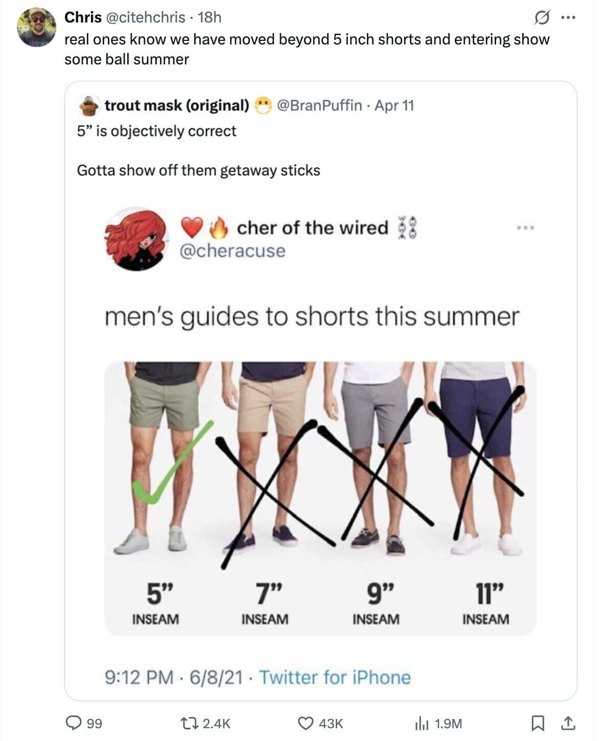 hilarious internet meme breaking down men's summer fashion, aggressively crossing out long shorts to declare that society has officially moved past the five-inch inseam into show some ball summer, a wild meme dump addition.