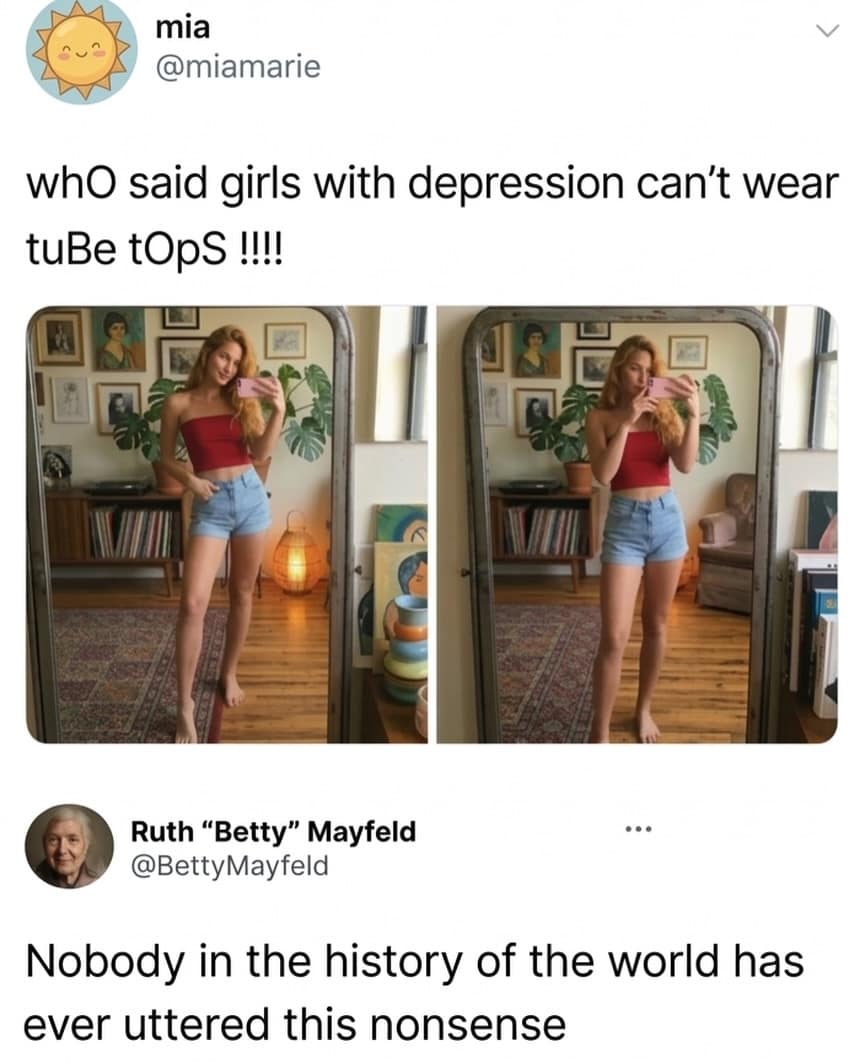 satirical funny meme calling out "strawman" social media posts; a girl in a red tube top asks "who said girls with depression can't wear tube tops," only to be met with a hilarious reality check from an older woman stating that nobody has ever said that