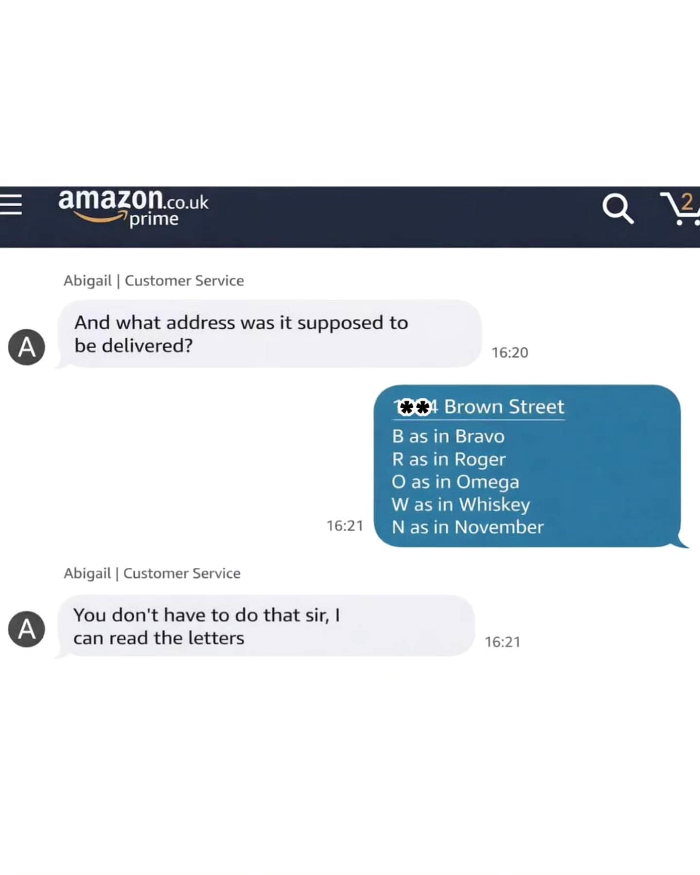 A screenshot of a customer service chat where a user redundantly spells out "Brown Street" using NATO phonetic codes over text, prompting a dry, fed-up reply from the support agent.