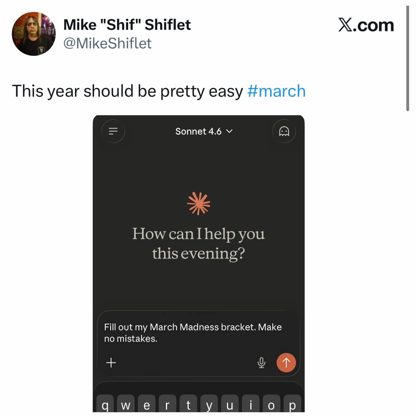 A tweet showing a user asking a high-level AI to fill out a perfect March Madness bracket with "no mistakes," ironically captioned that the basketball season will be "pretty easy."