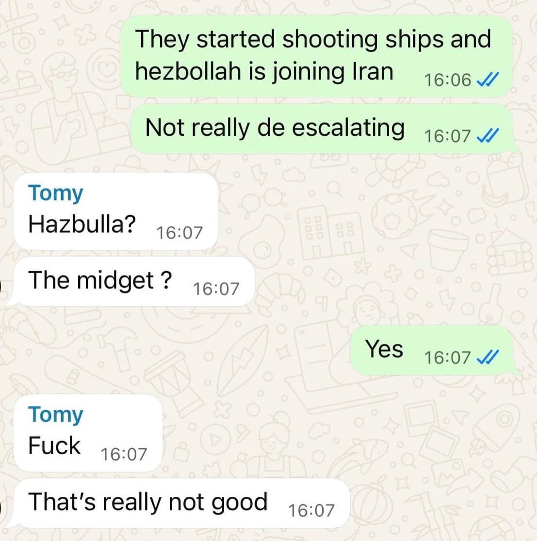 unhinged text exchange in this meme dump where someone confusing the geopolitical militant group Hezbollah with the viral internet personality Hasbulla leads to them believing a tiny Russian man is joining a war, a classic internet meme misunderstanding.