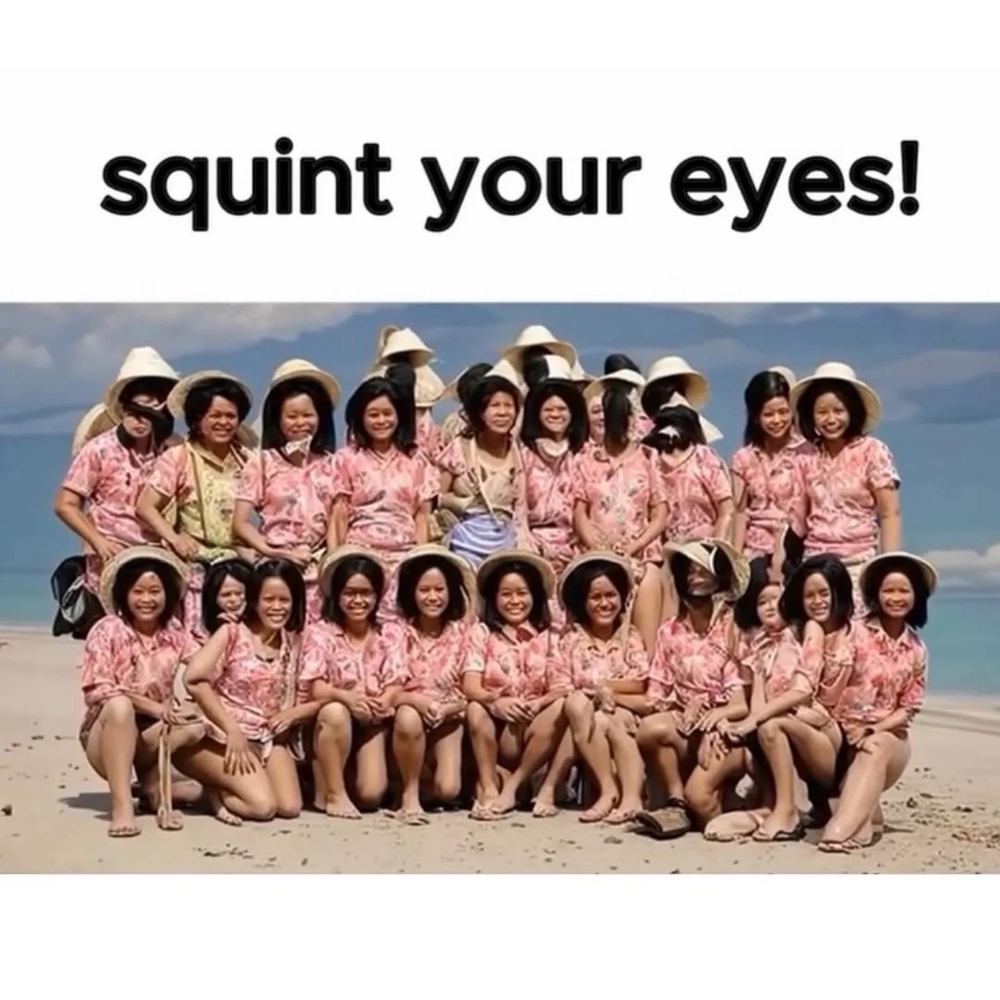 A clever optical illusion internet meme instructing users to squint their eyes at a group photo of women on a beach, only to reveal a giant hidden troll face, bringing some classic internet magic to this meme dump.