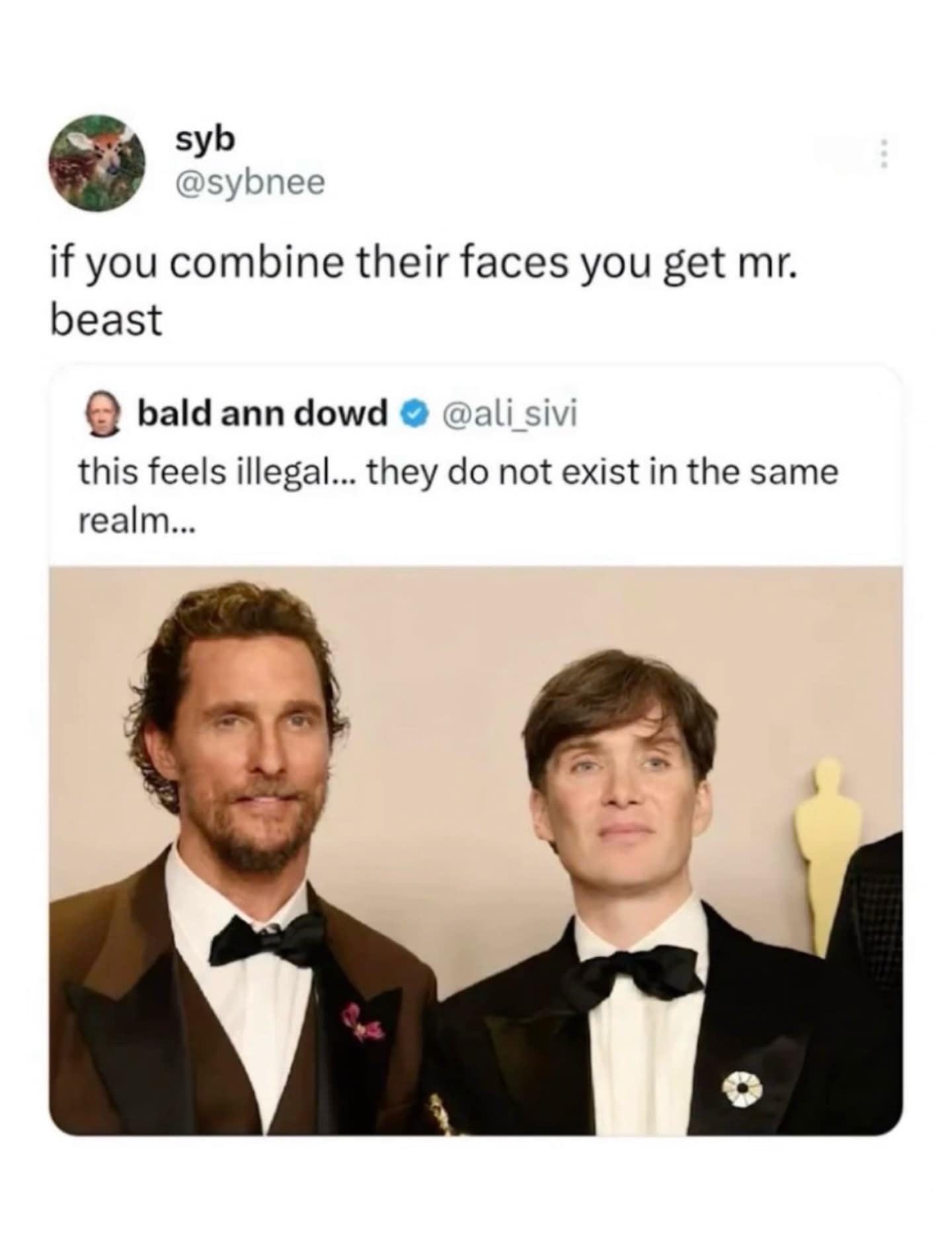 viral meme dump tweet quote-tweeting a photo of actors Matthew McConaughey and Cillian Murphy standing together at the Oscars. The user syb observes: "if you combine their faces you get mr. beast."