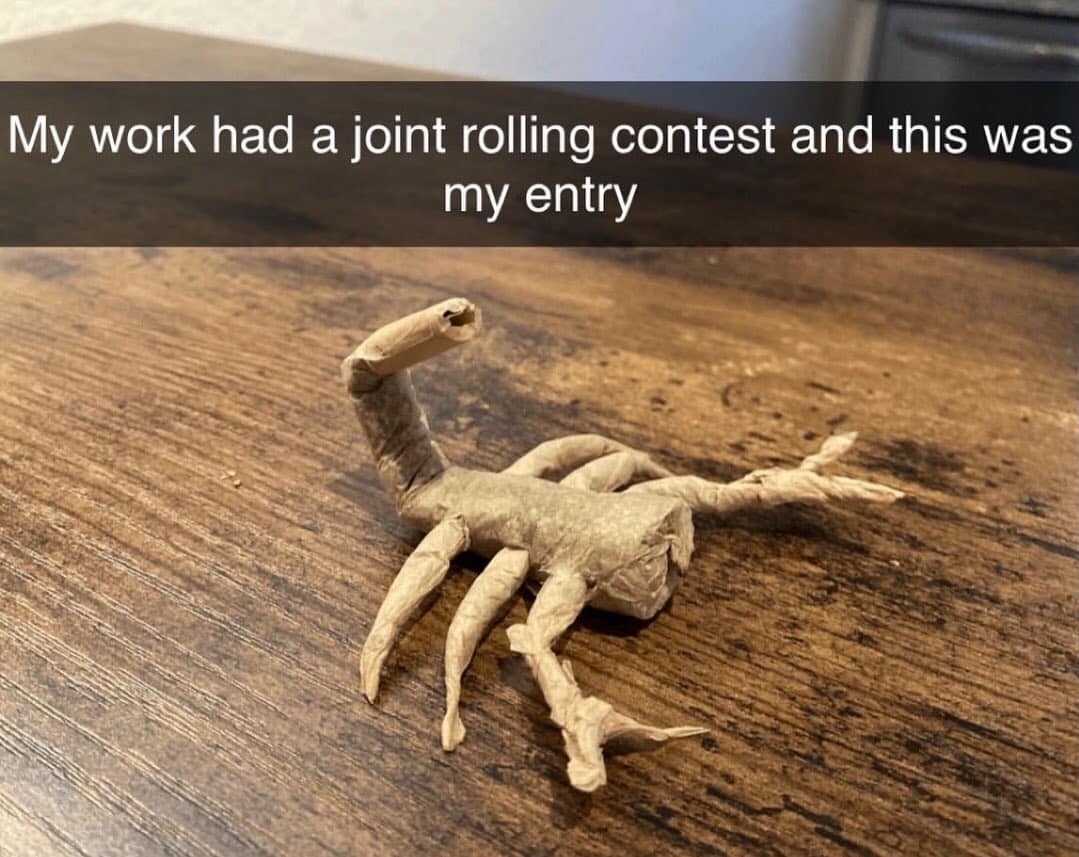mpressive entry in this meme dump showing a cannabis "joint" rolled into the shape of a realistic scorpion. The text explains it was an entry for a "work joint rolling contest."