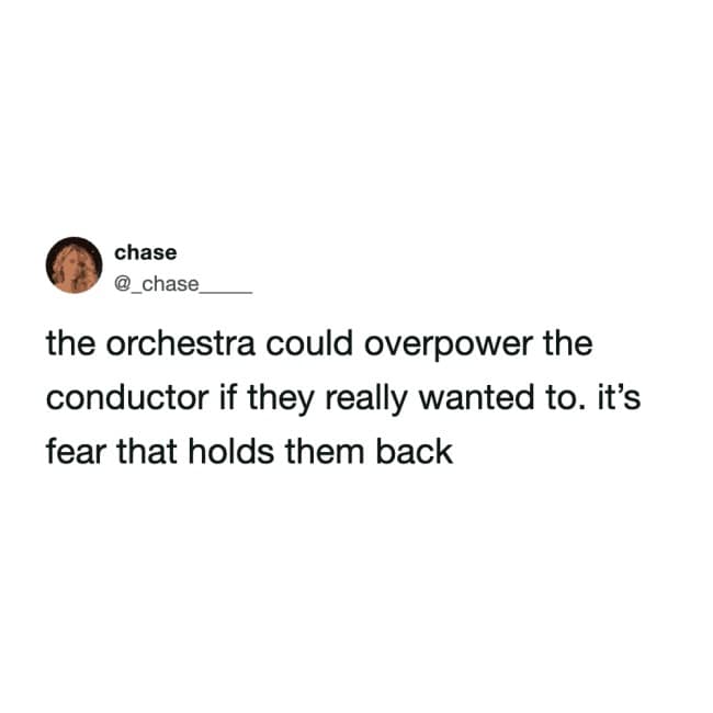 A hilarious meme tweet by @chase____ stating a strange shower thought: the orchestra could easily overpower their conductor if they really wanted to, but they are held back by fear.