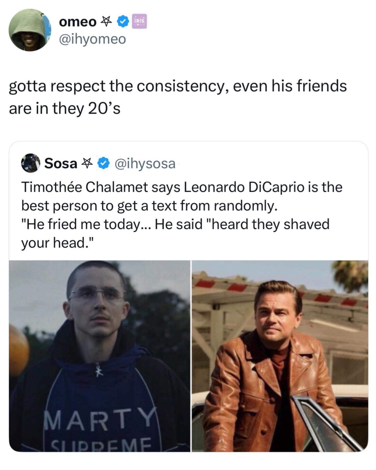 A meme dump highlight mocking Leonardo DiCaprio’s dating habits. A tweet notes that since Timothée Chalamet is in his 20s, Leo treats him like one of his girlfriends, reportedly texting him to roast his new shaved head for a movie role.