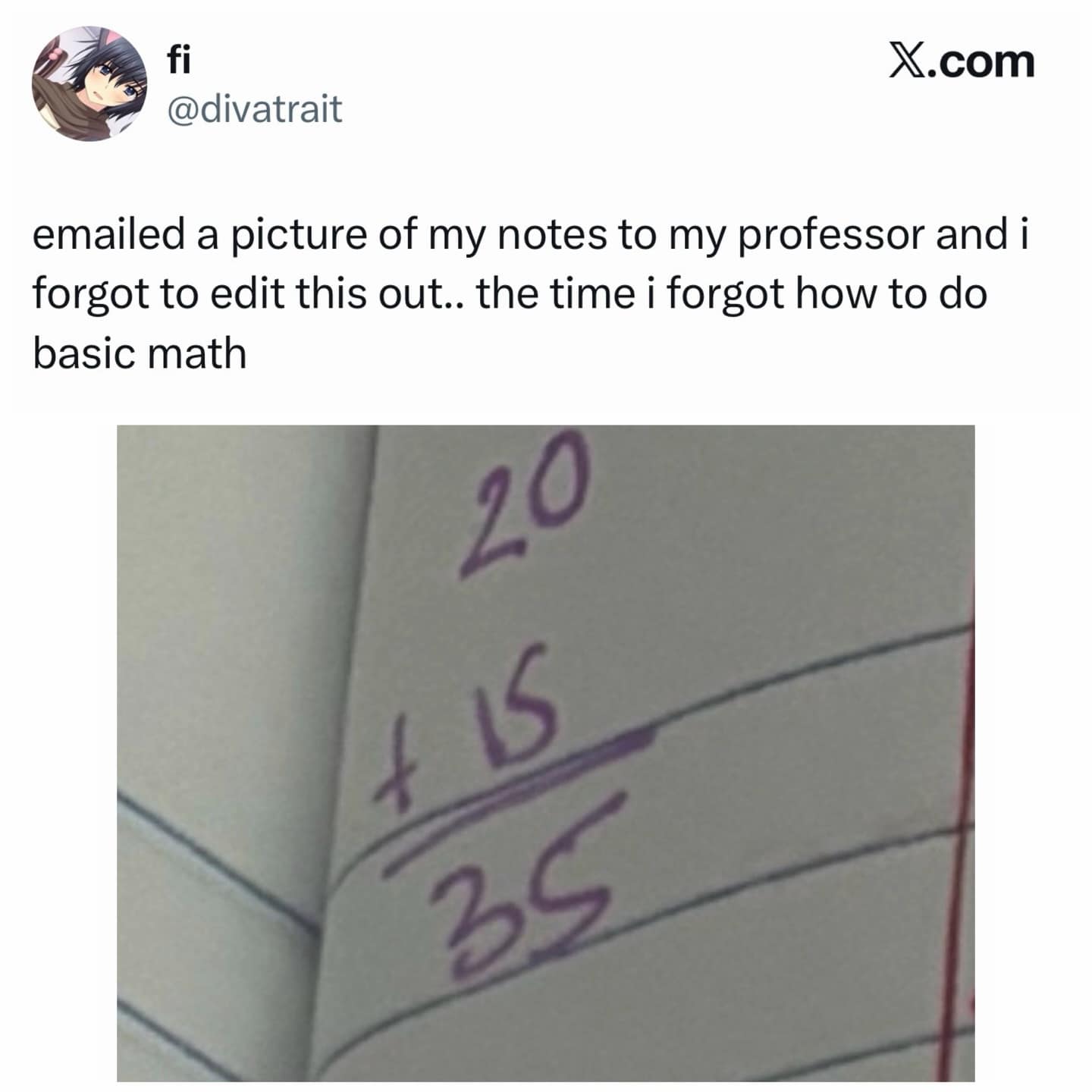 internet meme showing a student's embarrassing mistake of leaving the basic addition of twenty plus fifteen written out in the margins of their notebook before emailing it to a professor, a classic meme dump fail.