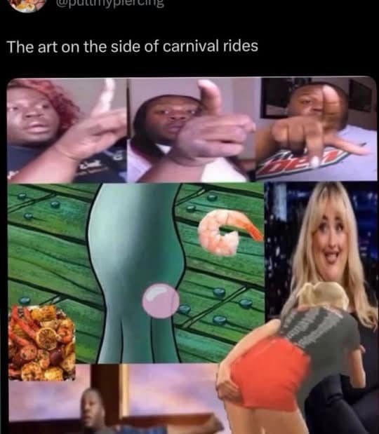 visually overwhelming meme dump collage flawlessly capturing the unhinged aesthetic of carnival ride art, featuring randomly photoshopped shrimp, a seafood boil, and internet reaction faces plastered together without any logic.