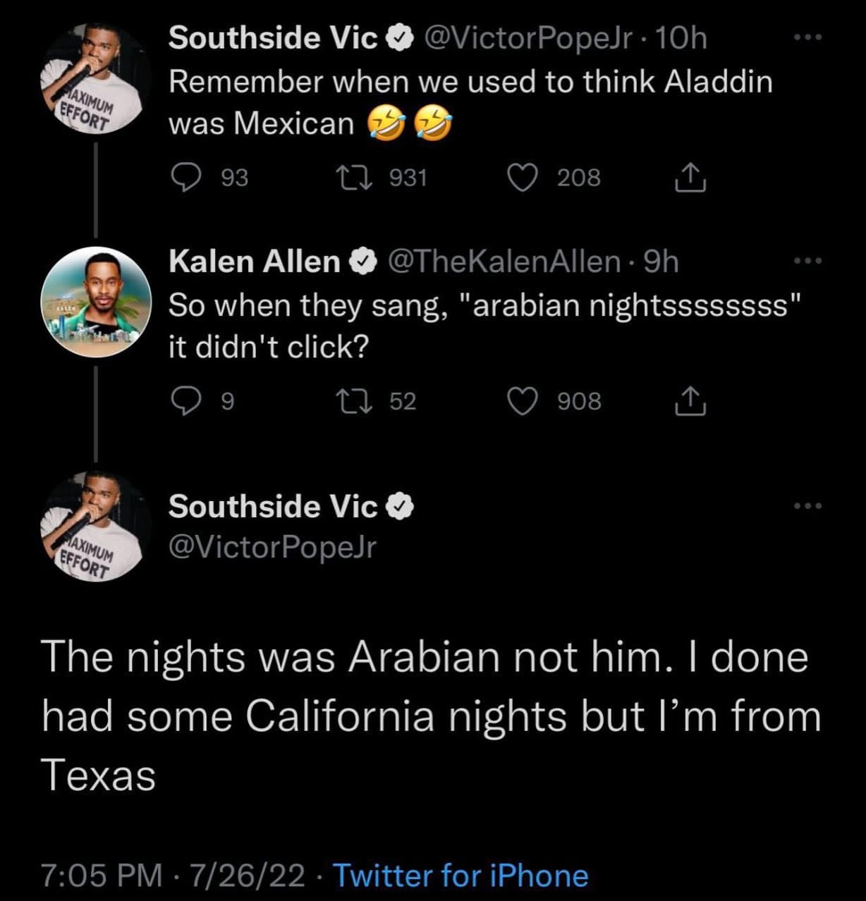 hilarious X interaction where user Southside Vic admits to previously believing Aladdin was Mexican. When questioned about the lyrics "Arabian Nights," he doubles down on his flawed logic: "The nights was Arabian not him. I done had some California nights but I’m from Texas."