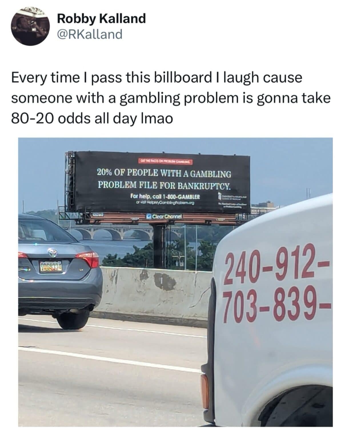A brilliant internet meme showing a billboard warning that twenty percent of gamblers file for bankruptcy, humorously pointing out that a true addict will instantly take those eighty-to-twenty odds in this funny meme dump.