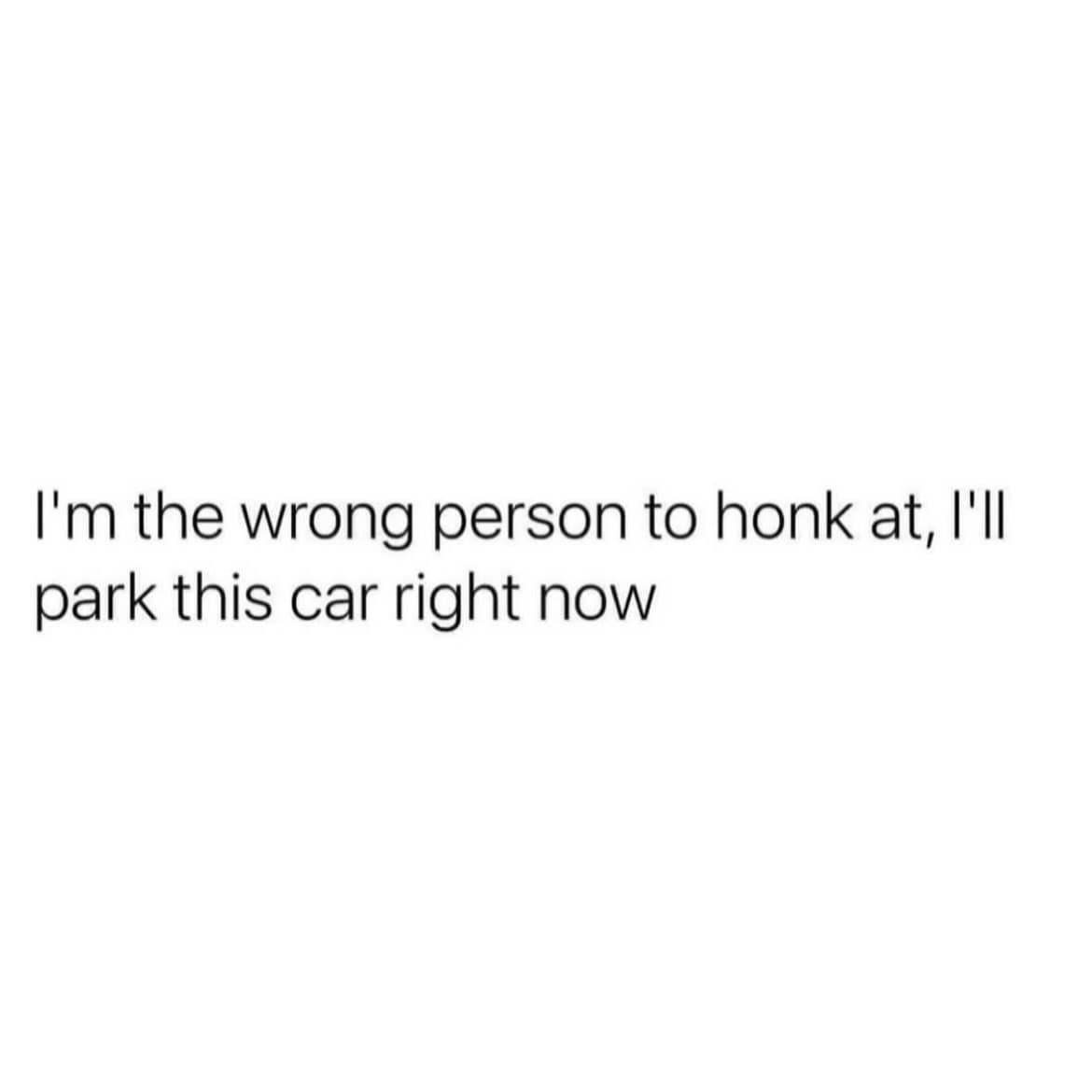 A minimalist text-based meme dump entry featuring a white background with bold black text that serves as a warning to other drivers: "I'm the wrong person to honk at, I'll park this car right now."