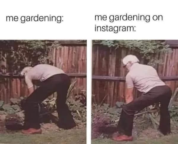 hilarious meme comparing "me gardening" (an unglamorous, realistic photo of someone bent over) vs "me gardening on Instagram" (a similar pose angled to emphasize the person's backside as a thirst trap).