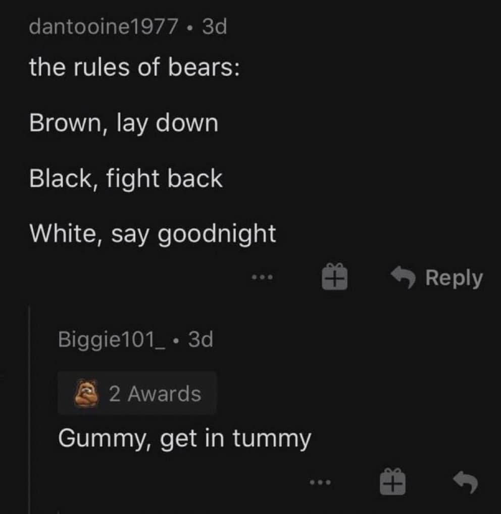 Reddit comment thread showing a witty subversion of wilderness survival tips. After user dantooine1977 lists the rules for bears (Brown: lay down; Black: fight back; White: say goodnight), user Biggie101_ adds the crucial fourth rule: "Gummy, get in tummy."
