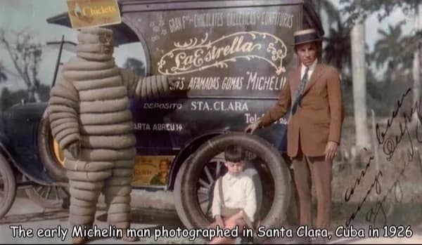 A terrifying vintage 1926 photograph of an early Michelin Man costume in Cuba looking like an eerie, towering mummified monster in this hilarious meme collection.