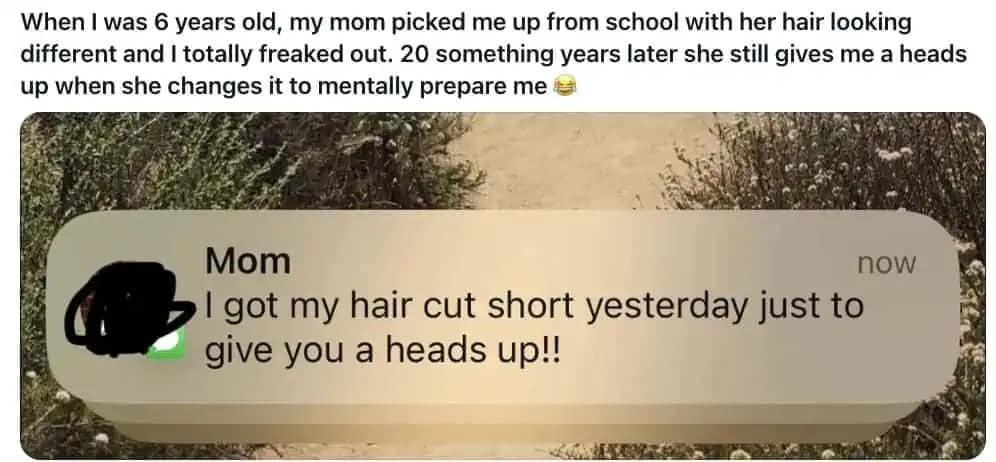 A wholesome text from a mom giving a heads up about a short haircut to mentally prepare her adult child who completely freaked out about it twenty years ago in this meme dump.