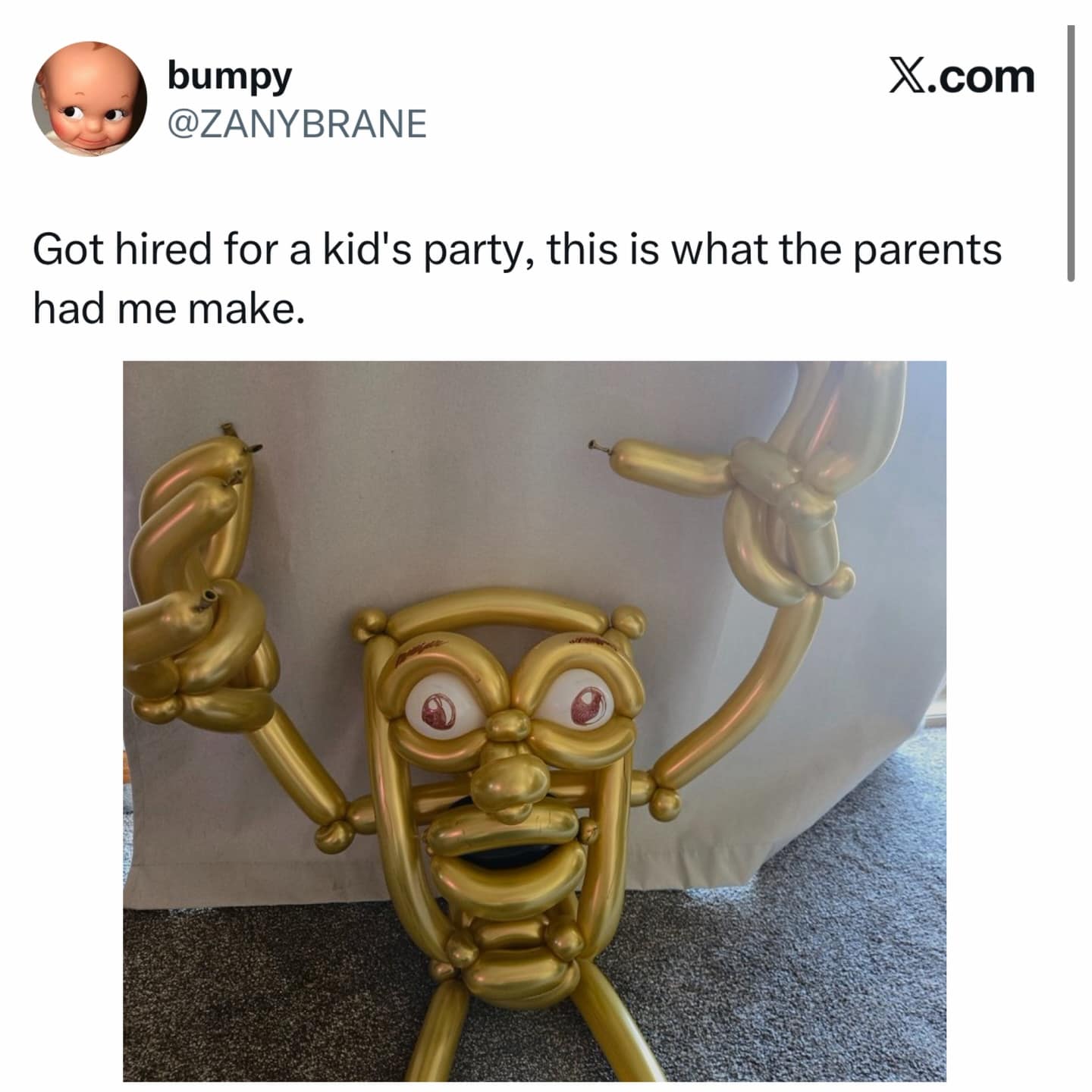 cursed meme dump tweet showing a "gold" balloon sculpture made for a kid's party. The creation is a grotesque, humanoid version of SpongeBob SquarePants with bulging eyes, thick lips, and massive balloon hands, looking more like a sleep paralysis demon than a cartoon.