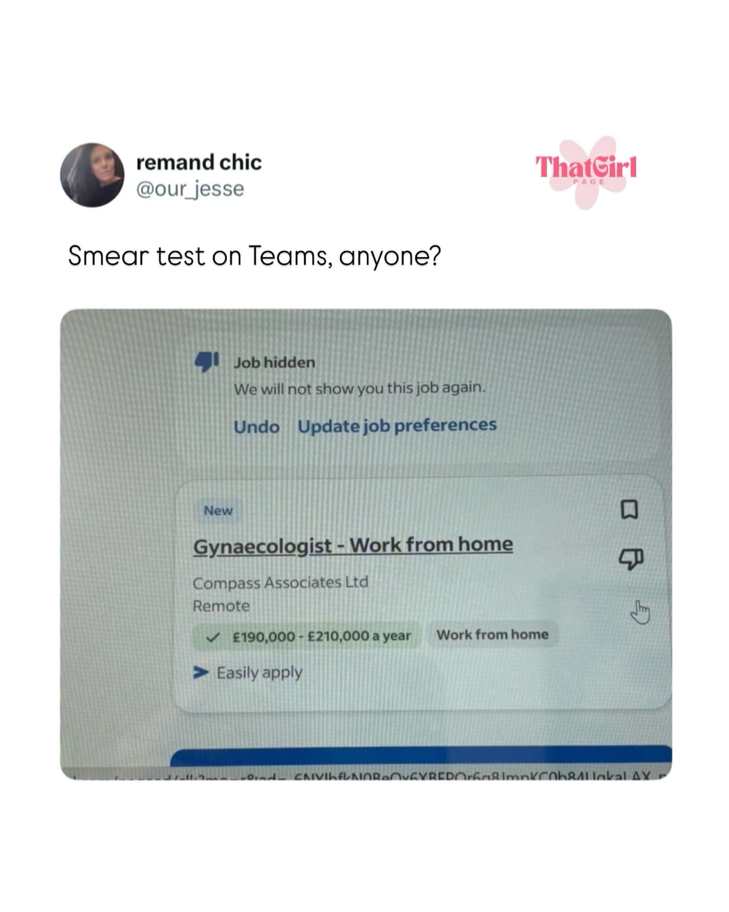 absurd meme dump screenshot of a LinkedIn-style job listing for a "Gynaecologist" that is explicitly labeled as "Work from home" with a high salary, prompting the user to ask, "Smear test on Teams, anyone?"