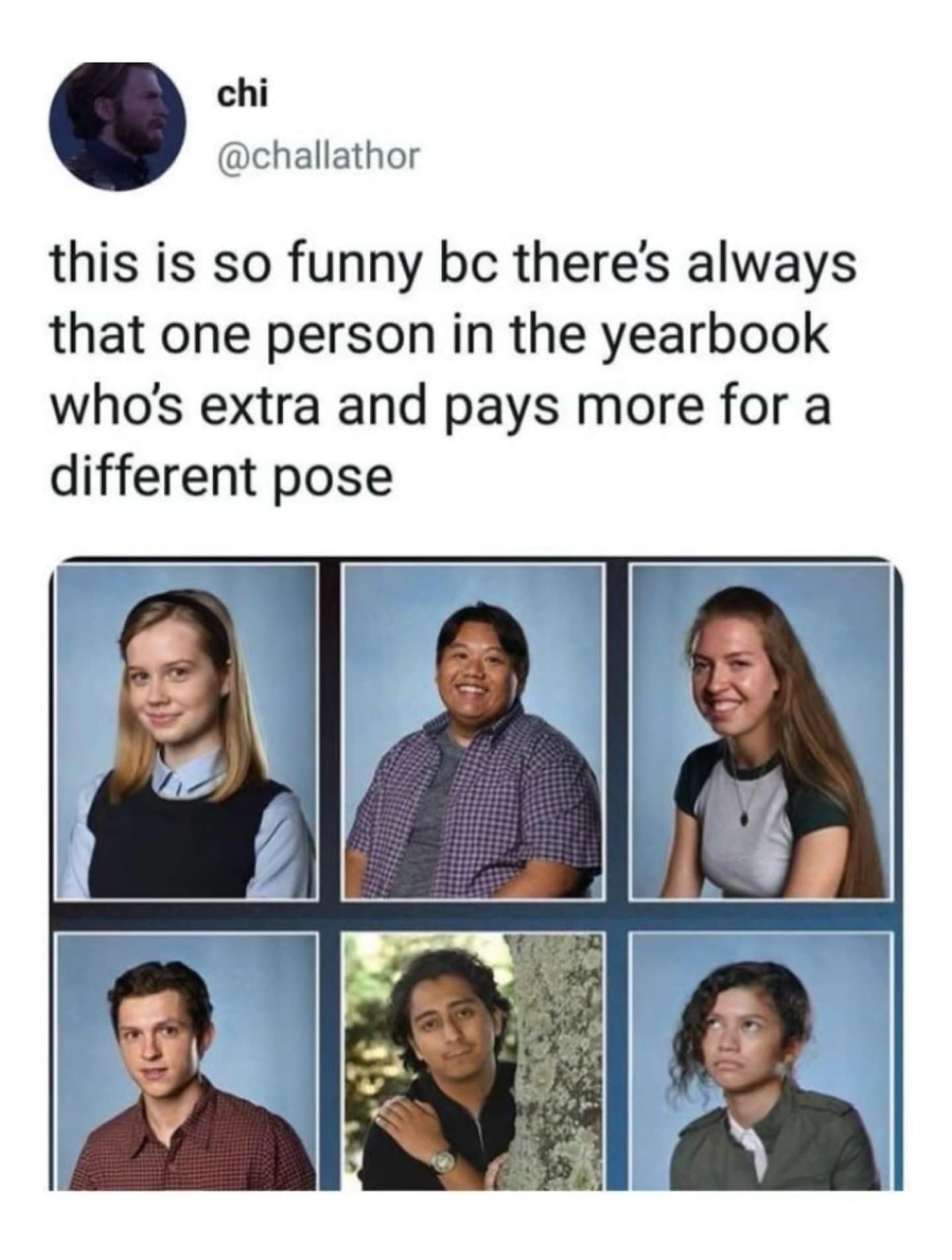 meme dump post using the Spider-Man: Homecoming cast in a fake yearbook grid. While Tom Holland and Zendaya have normal poses, the character Flash Thompson is "extra," paying more to pose mysteriously from behind a tree within his small photo frame.