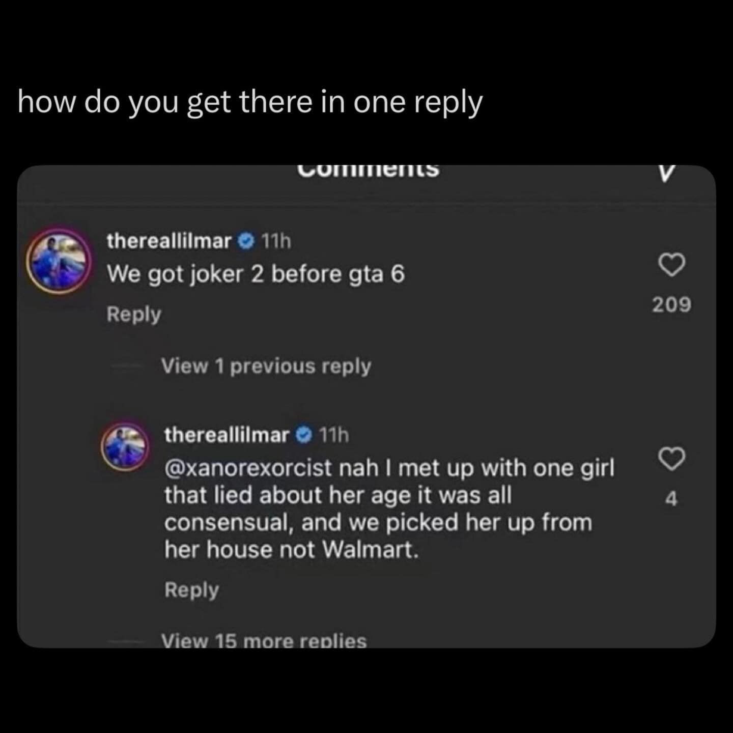 A "how did we get here?" meme dump screenshot of an Instagram comment thread. It starts with a standard joke about the wait for GTA 6 and jumps immediately to a suspiciously specific, unprompted defense of a "consensual" meetup with a girl from a house, "not Walmart."