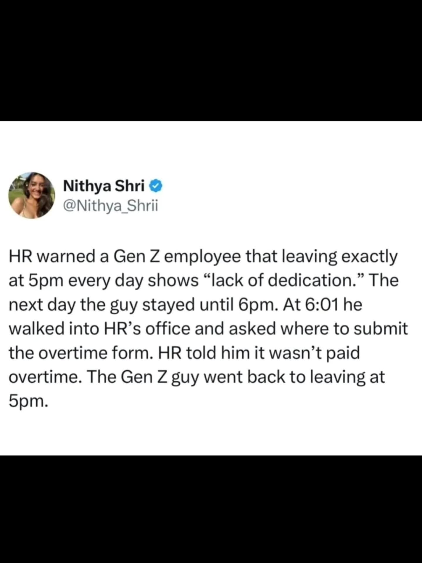 This text-based meme dump entry features a satisfying saga of a Gen Z employee who expertly shuts down HR’s "lack of dedication" warning by immediately requesting overtime pay for a single hour of extra work.