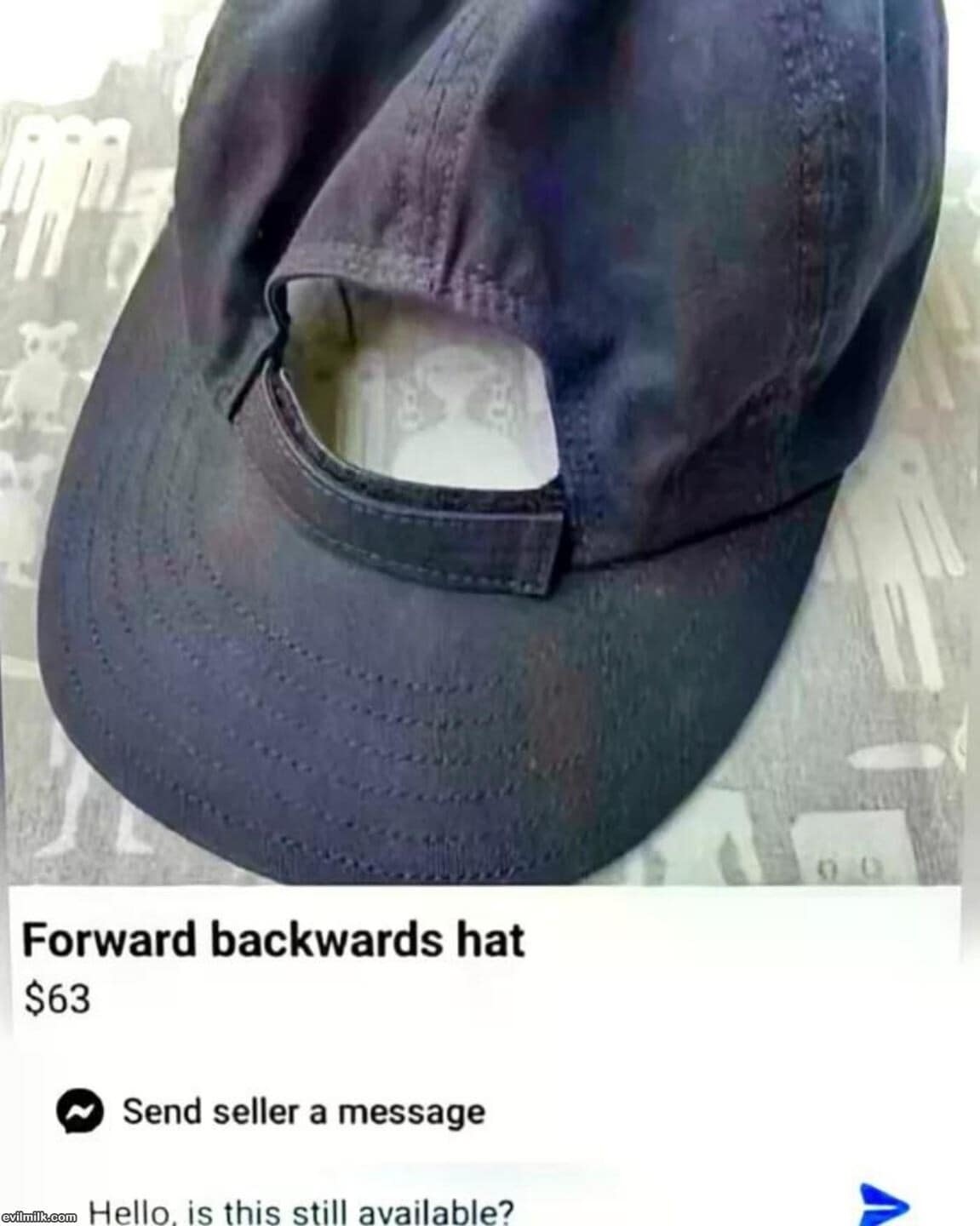 A highly cursed Facebook Marketplace listing for a sixty-three dollar forward backwards hat, showing a baseball cap hilariously mutilated to face both directions in this unhinged meme dump.