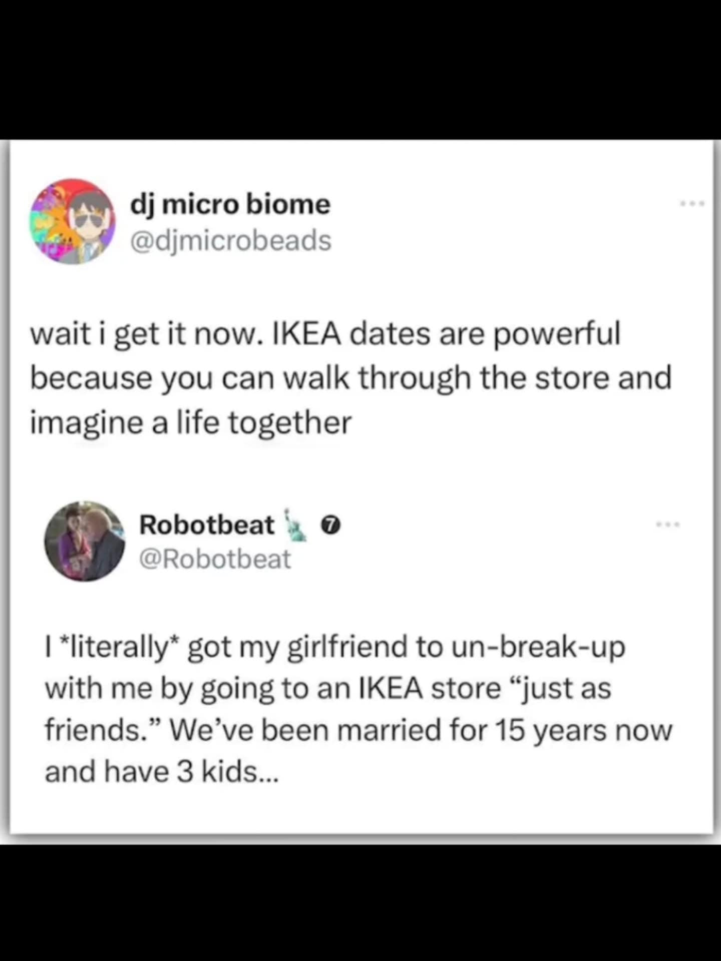Analyzing the romantic power of Swedish furniture, this meme dump post highlights a story where a couple "un-broke-up" and eventually married after a single trip to IKEA