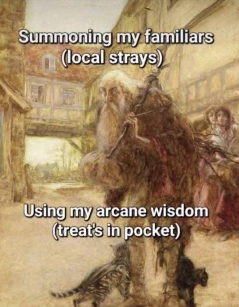 An atmospheric classical painting of a weary, robed wizard leaning on a staff while surrounded by cats, captioned with a hilarious meme about "summoning familiars" that are actually just local strays lured in by the treats in his pocket.