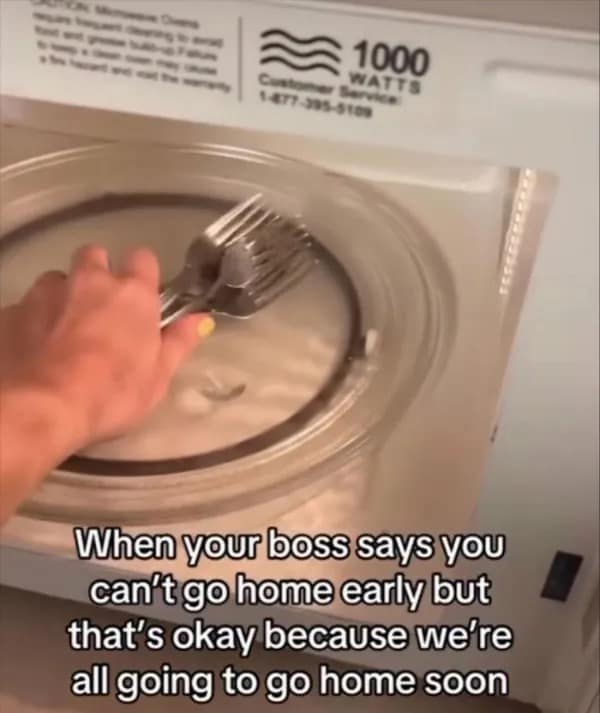 A darkly funny meme showing a hand aggressively putting metal forks into a microwave, paired with a sinister caption about making sure everybody gets to go home soon after the boss denied an early leave request, wrapping up this meme dump.