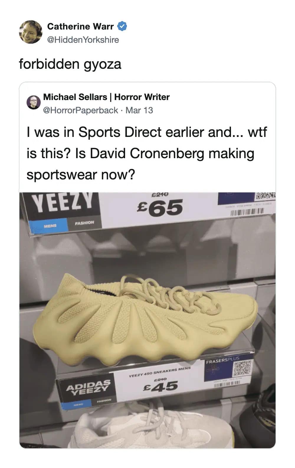 A pair of light beige Adidas Yeezy 450 sneakers is roasted in this meme dump post, with captions comparing the bulbous, rib-like design to "forbidden gyoza" or David Cronenberg-inspired sportswear.