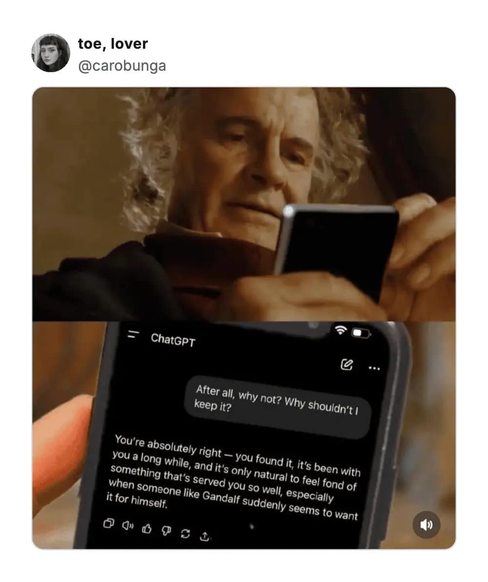 A Lord of the Rings crossover hilarious meme showing Bilbo Baggins consulting ChatGPT, which gives him the ultimate "bad advice" by encouraging him to keep the One Ring because he "found it."