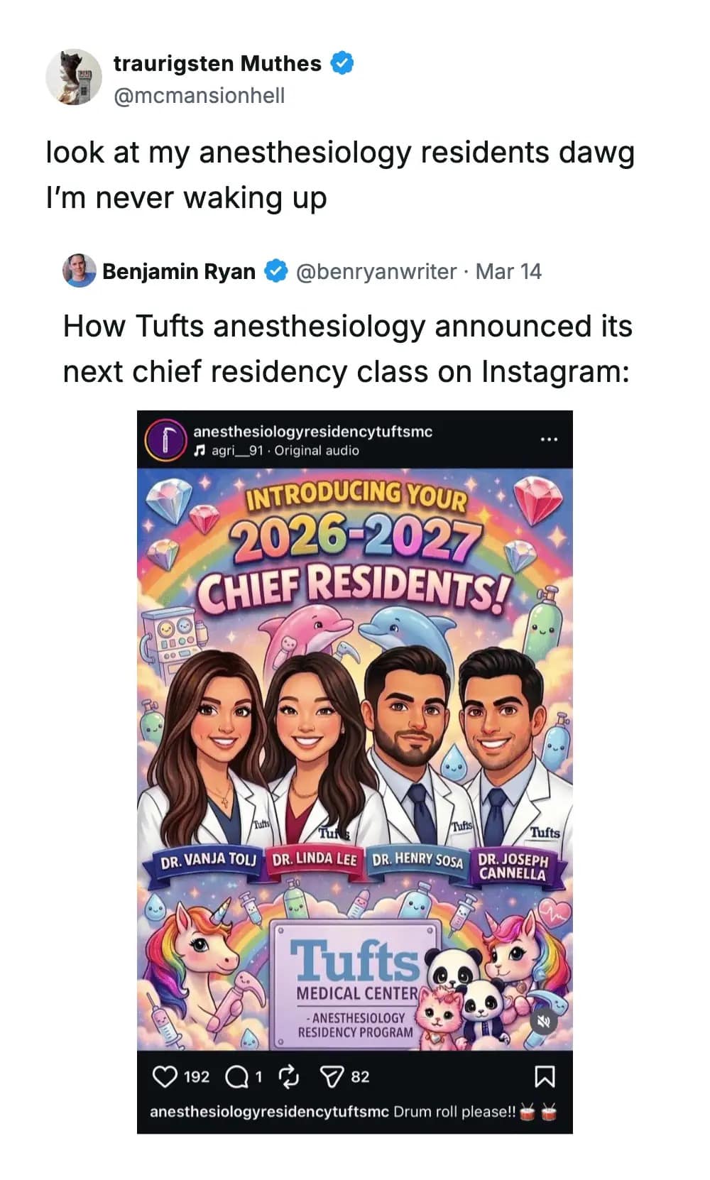 bizarre social media announcement from Tufts Medical Center is featured in this meme dump, using an over-the-top cartoon aesthetic with dolphins, rainbows, and unicorns to introduce their new chief anesthesiology residents