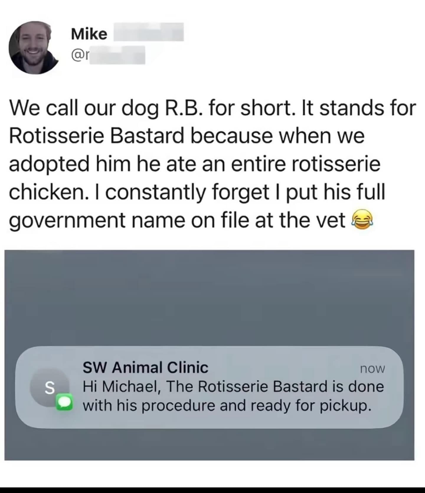 A text message from an animal clinic informs a pet owner that "The Rotisserie Bastard" is ready for pickup, a hilarious meme payoff for a man who used his dog’s "chicken-thieving" nickname as his official government name at the vet.