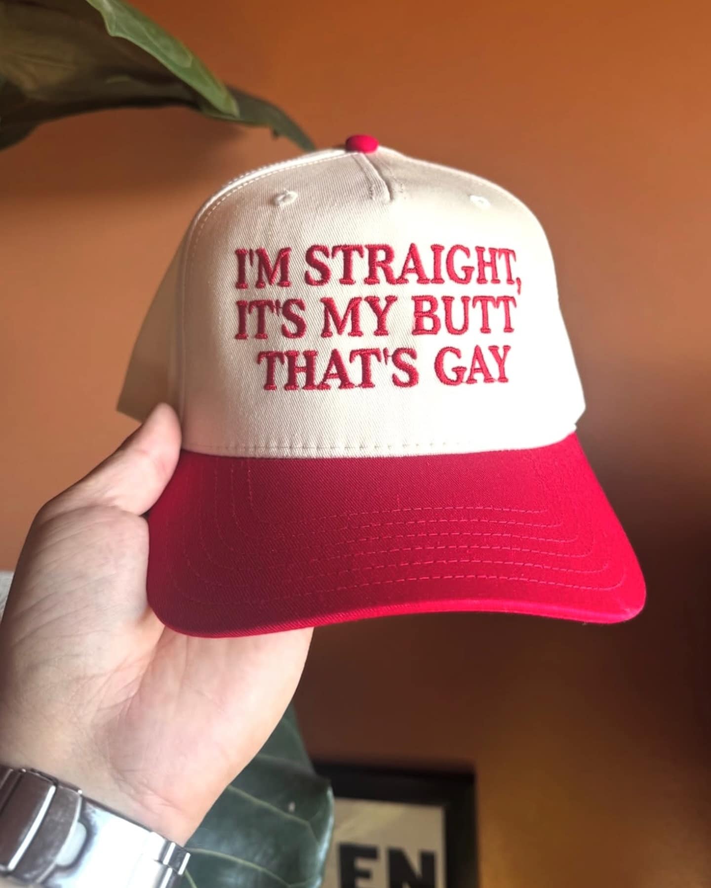 A piece of absurdist apparel from this meme dump. A hand holds up a red and white trucker hat with bold red embroidered text that reads: "I'M STRAIGHT, IT'S MY BUTT THAT'S GAY."