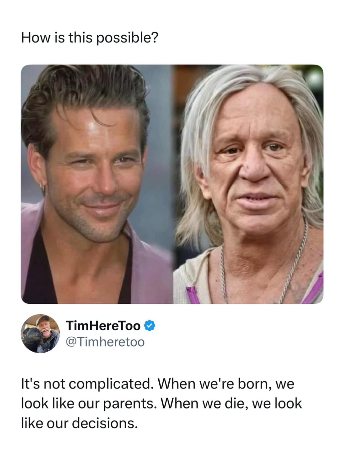 brutal meme dump entry comparing a young, handsome Mickey Rourke to his current, heavily surgically-altered appearance. The tweet by @Timheretoo provides a philosophical burn: "When we're born, we look like our parents. When we die, we look like our decisions."
