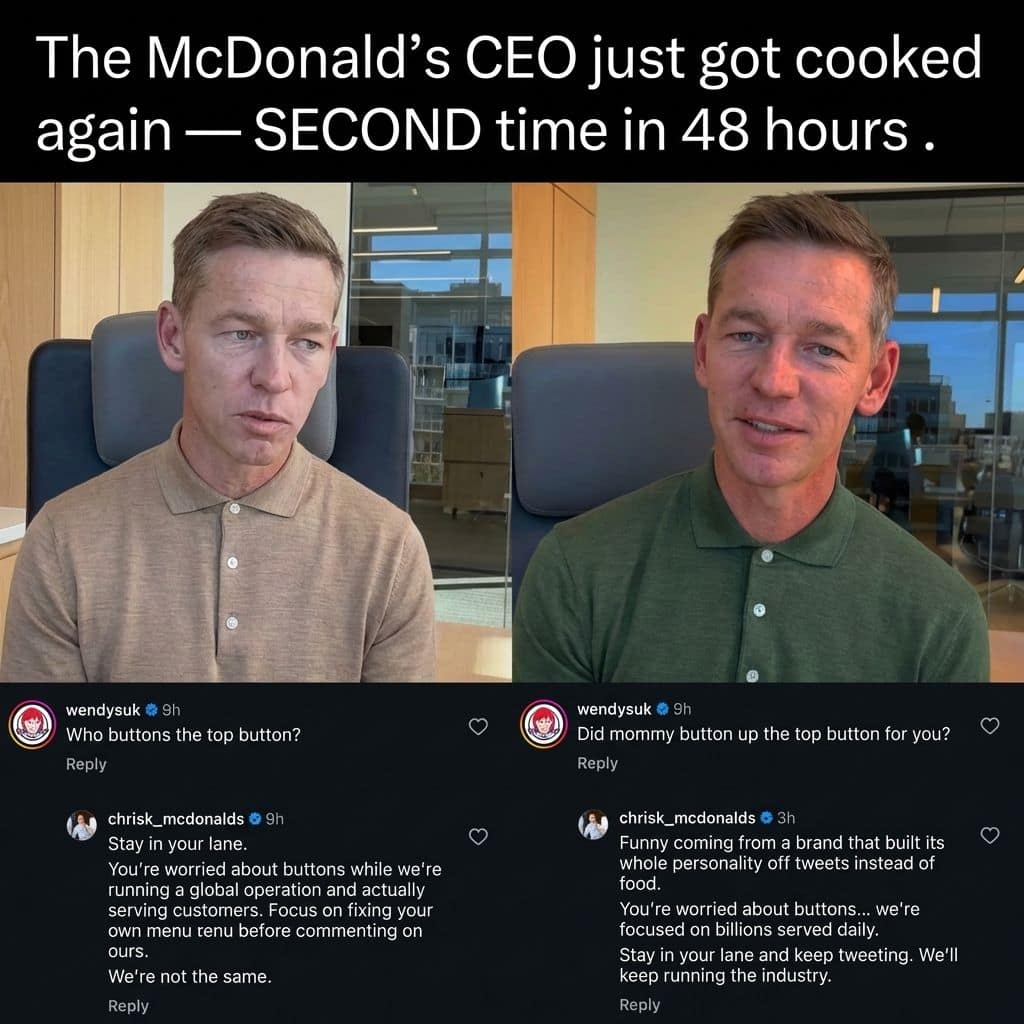 two-panel screenshot showing the McDonald's CEO being relentlessly "cooked" in the comments by the Wendy’s UK account. Wendy's mocks his tightly buttoned polo shirt with "Did mommy button up the top button for you?" while the CEO provides a defensive, long-winded response.
