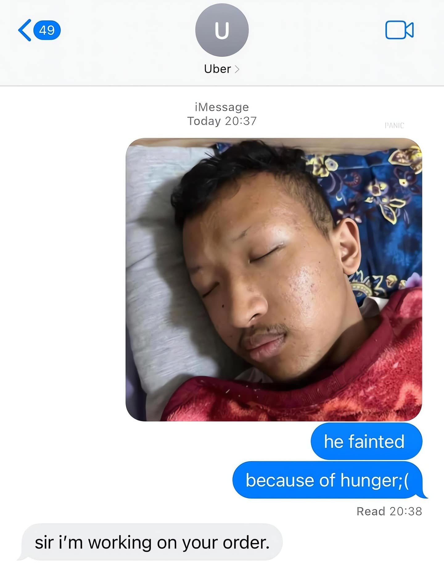 dramatic meme dump iMessage exchange with an Uber driver. A user sends a photo of a man fainted on a bed with the text "he fainted because of hunger;(" to pressure the driver into delivering their food faster.