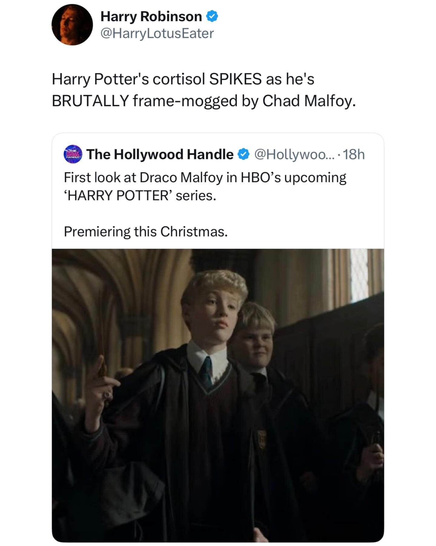 hilarious meme from a meme dump reacting to the casting of Draco Malfoy for a new HBO series. The caption jokes that Harry Potter’s cortisol is spiking because he is being "BRUTALLY frame-mogged by Chad Malfoy" in the provided still.
