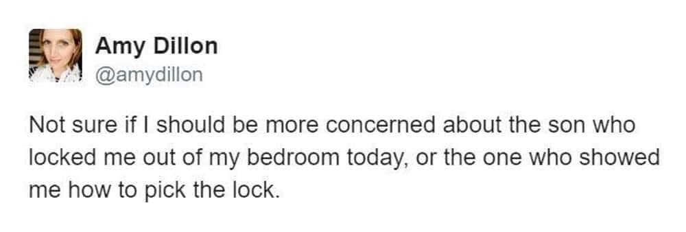 Amy Dillon tweet highlighting the relatable panic of mom memes when one son locks her out of her room and the other reveals he knows how to pick the lock.