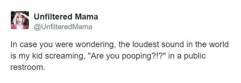 Relatable mom memes where a mother admits the absolute loudest sound on earth is a toddler screaming to ask if she is pooping in a public restroom.