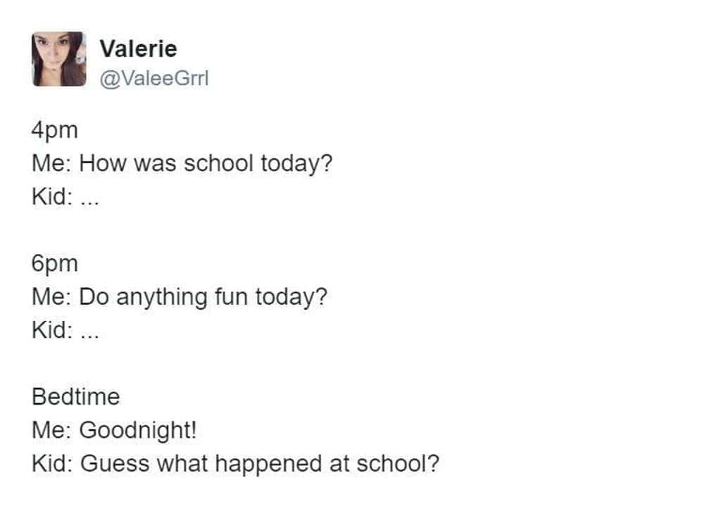 Funny mom tweets describing the relatable phenomenon where kids ignore questions about their day until the exact moment of bedtime.