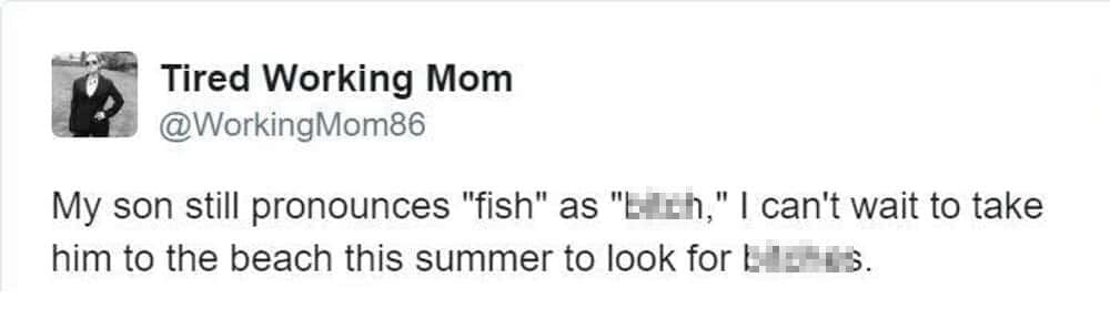 Hilarious mom memes about a toddler's speech impediment accidentally replacing the word fish with a swear word right before a beach trip.