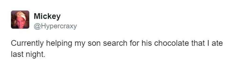 A classic entry in mom memes showing a mother tweeting about actively helping her son search for the very chocolate she secretly ate the night before.