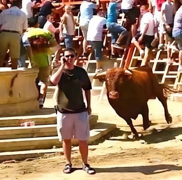 A man calmly talking on a cellphone while a large bull charges him from behind.