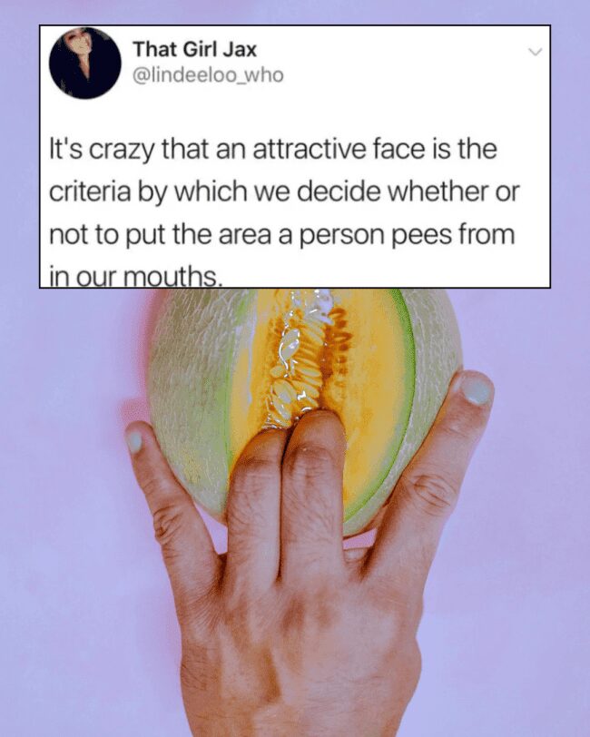 A hand reaching into a melon with a clinical observation about physical attraction and intimacy.