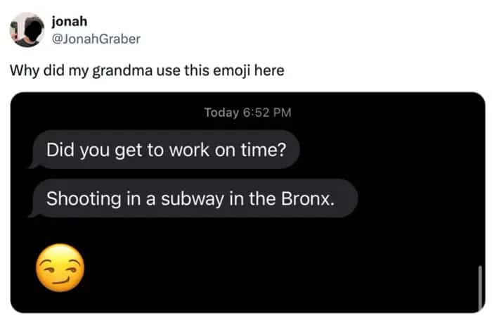 Text conversation where a grandmother uses a smirking emoji to describe a shooting in the Bronx.