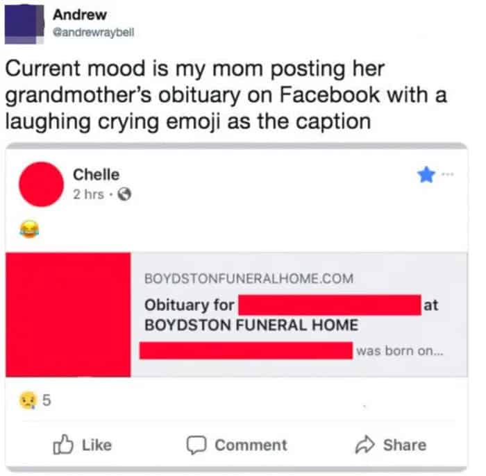 Facebook screenshot of an obituary post captioned with a laughing crying emoji instead of a grieving one.
