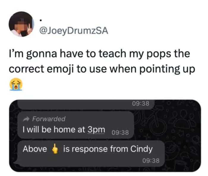 Messaging thread where a father accidentally uses the middle finger emoji to point to a previous text.