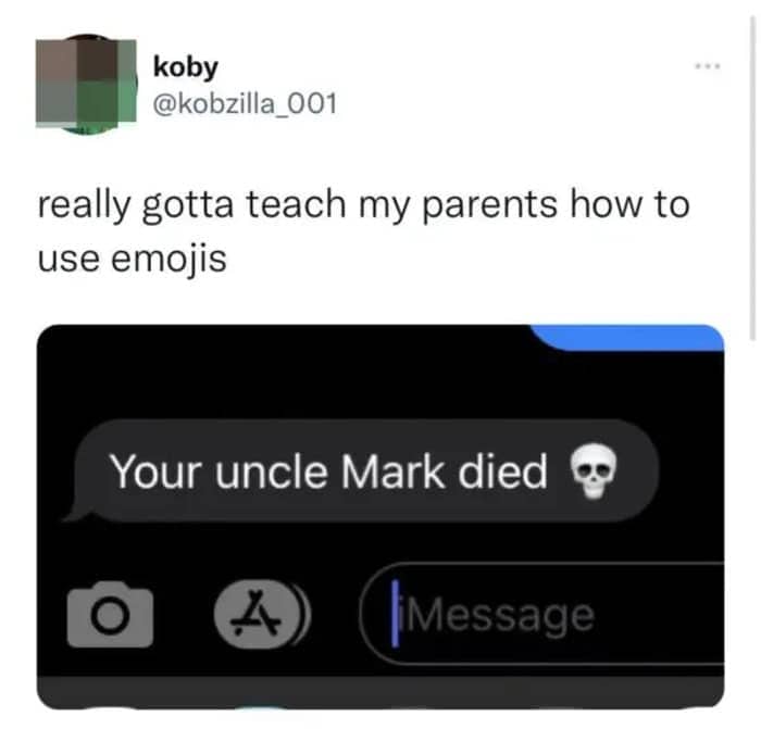Text message breaking the news of an uncle's death ending with a literal skull emoji.