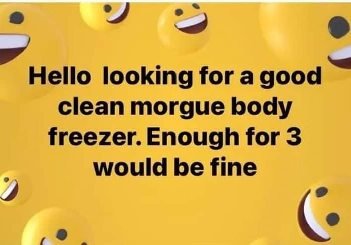 Marketplace post searching for a morgue freezer featuring a background covered in joyful laughing face emojis.