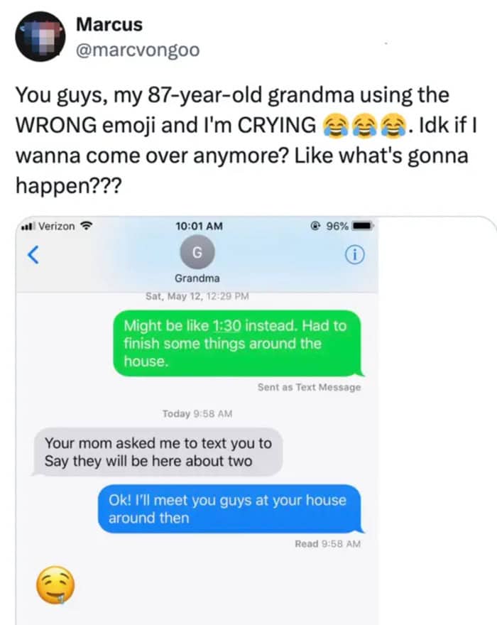 Grandmother confirming plans to meet up at her house while sending a drooling face emoji by mistake.